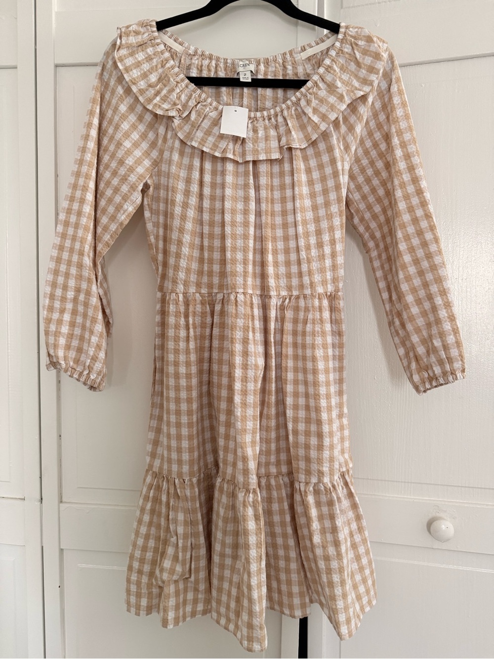 NWT J. Crew Beige and White Gingham Ruffle-Neck Casual Dress